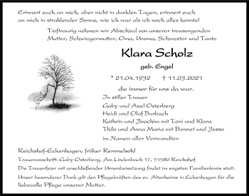 Anzeige von Klara Scholz von  Anzeigen Echo 