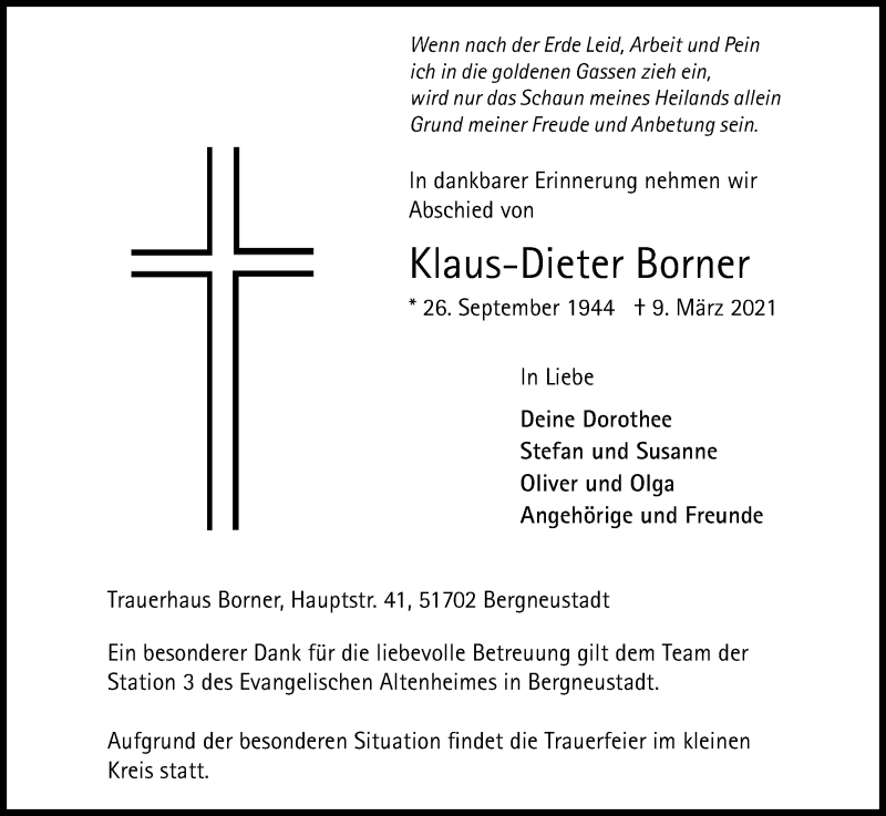  Traueranzeige für Klaus-Dieter Borner vom 13.03.2021 aus Kölner Stadt-Anzeiger / Kölnische Rundschau / Express