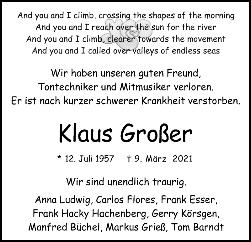  Traueranzeige für Klaus Großer vom 20.03.2021 aus Kölner Stadt-Anzeiger / Kölnische Rundschau / Express