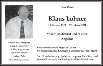 Anzeige von Klaus Lohner von  Wochenende 