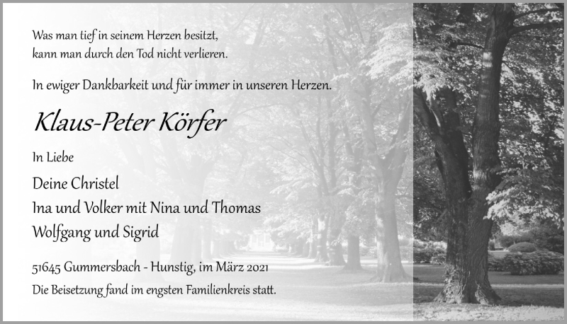  Traueranzeige für Klaus-Peter Körfer vom 19.03.2021 aus  Anzeigen Echo 