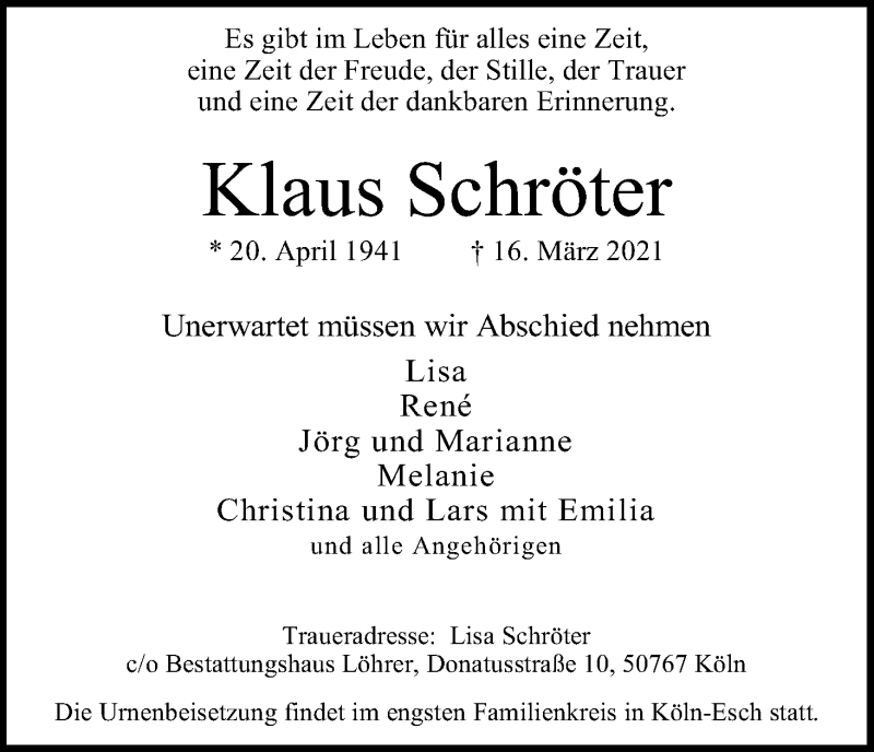  Traueranzeige für Klaus Schröter vom 20.03.2021 aus Kölner Stadt-Anzeiger / Kölnische Rundschau / Express