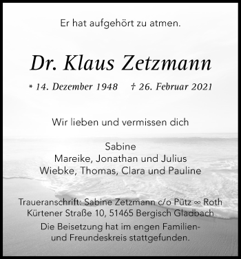 Anzeige von Klaus Zetzmann von Kölner Stadt-Anzeiger / Kölnische Rundschau / Express