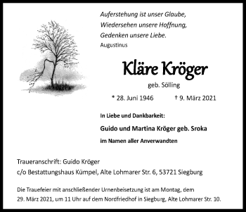 Anzeige von Kläre Kröger von Kölner Stadt-Anzeiger / Kölnische Rundschau / Express