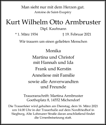 Anzeige von Kurt Wilhelm Otto Armbruster von Kölner Stadt-Anzeiger / Kölnische Rundschau / Express