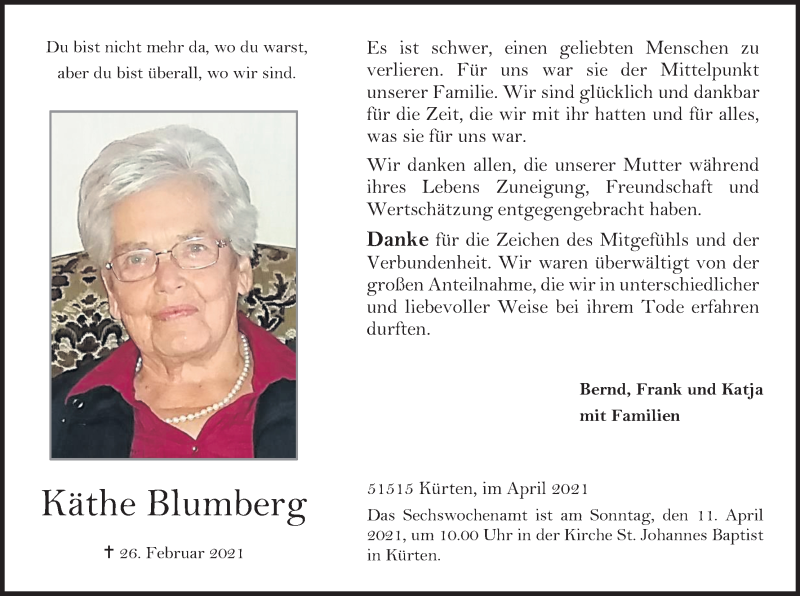  Traueranzeige für Käthe Blumberg vom 27.03.2021 aus Kölner Stadt-Anzeiger / Kölnische Rundschau / Express