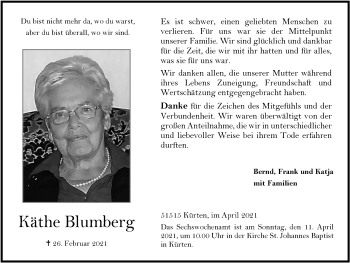 Anzeige von Käthe Blumberg von  Bergisches Handelsblatt 