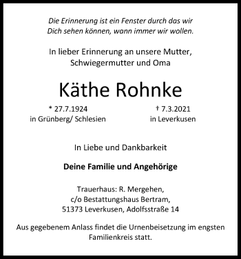Anzeige von Käthe Rohnke von Kölner Stadt-Anzeiger / Kölnische Rundschau / Express