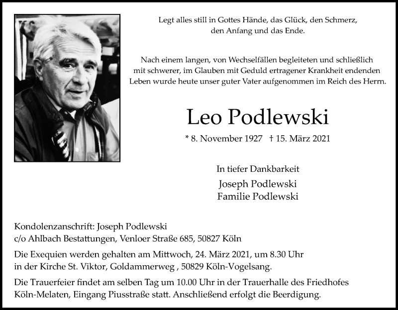 Traueranzeige für Leo Podlewski vom 20.03.2021 aus Kölner Stadt-Anzeiger / Kölnische Rundschau / Express