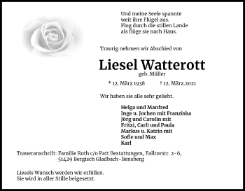 Anzeige von Liesel Watterott von Kölner Stadt-Anzeiger / Kölnische Rundschau / Express