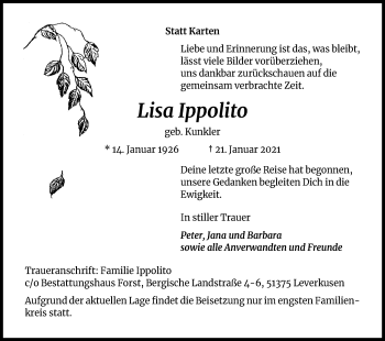 Anzeige von Lisa Ippolito von Kölner Stadt-Anzeiger / Kölnische Rundschau / Express