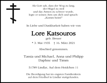 Anzeige von Lore Katsouros von Kölner Stadt-Anzeiger / Kölnische Rundschau / Express