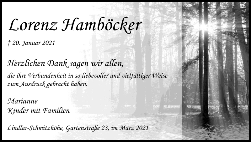  Traueranzeige für Lorenz Hamböcker vom 06.03.2021 aus Kölner Stadt-Anzeiger / Kölnische Rundschau / Express