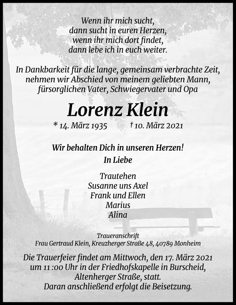  Traueranzeige für Lorenz Klein vom 13.03.2021 aus Kölner Stadt-Anzeiger / Kölnische Rundschau / Express