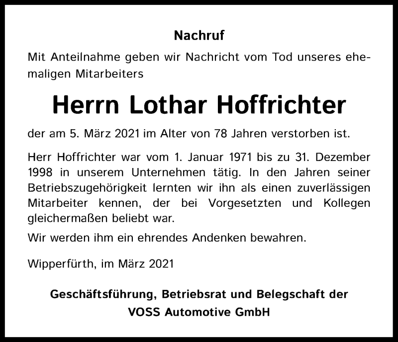  Traueranzeige für Lothar Hoffrichter vom 10.03.2021 aus Kölner Stadt-Anzeiger / Kölnische Rundschau / Express