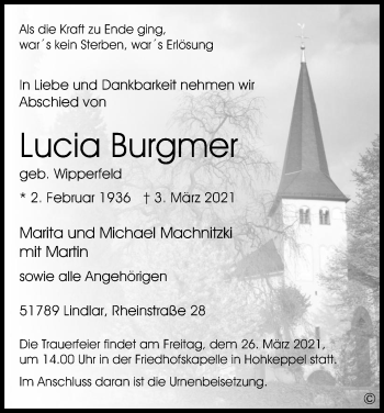 Anzeige von Lucia Burgmer von Kölner Stadt-Anzeiger / Kölnische Rundschau / Express