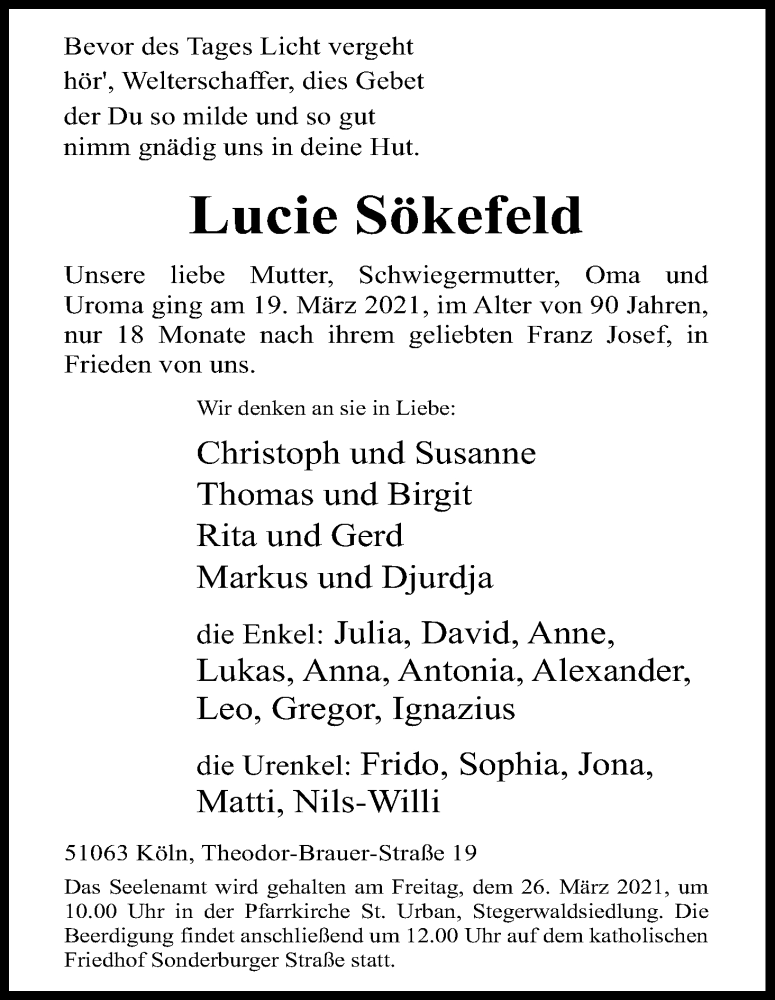  Traueranzeige für Lucie Sökefeld vom 24.03.2021 aus Kölner Stadt-Anzeiger / Kölnische Rundschau / Express