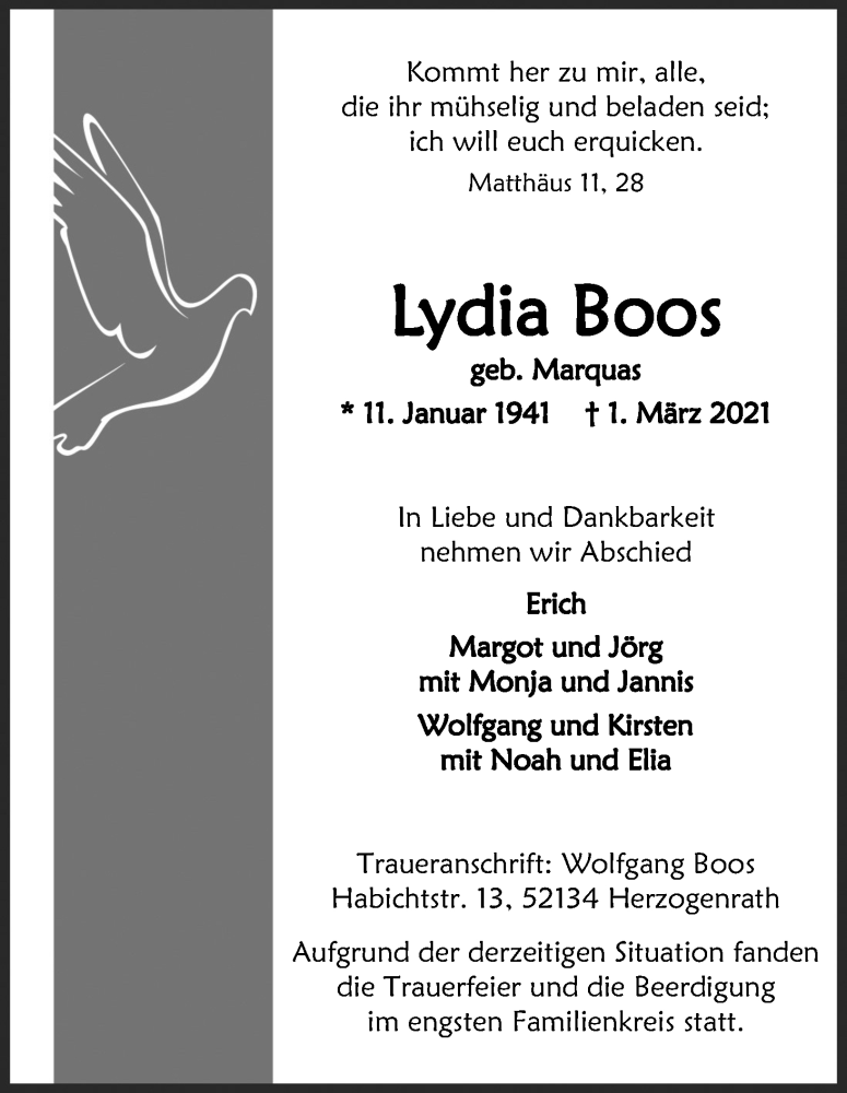  Traueranzeige für Lydia Boos vom 13.03.2021 aus Kölner Stadt-Anzeiger / Kölnische Rundschau / Express