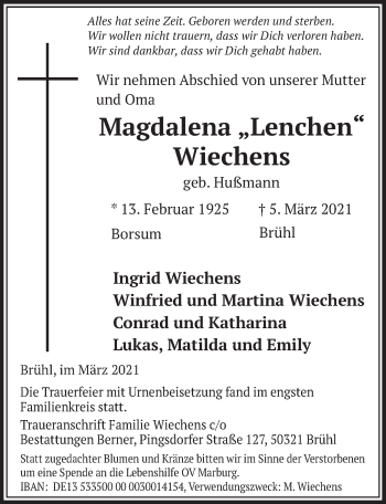 Anzeige von Magdalena Wiechens von  Schlossbote/Werbekurier 