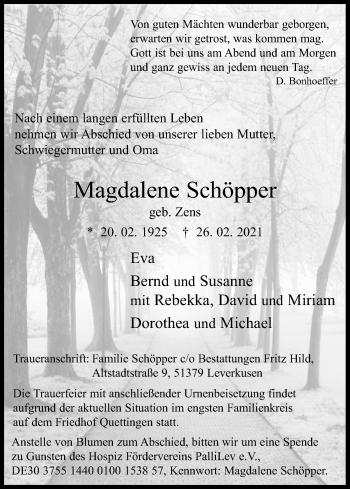 Anzeige von Magdalene Schöpper von Kölner Stadt-Anzeiger / Kölnische Rundschau / Express