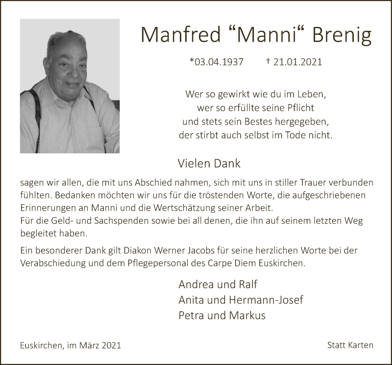  Traueranzeige für Manfred Brenig vom 06.03.2021 aus  Blickpunkt Euskirchen 