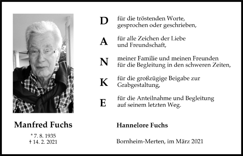  Traueranzeige für Manfred Fuchs vom 19.03.2021 aus  Schlossbote/Werbekurier 