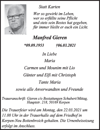 Anzeige von Manfred Gieren von  Werbepost 