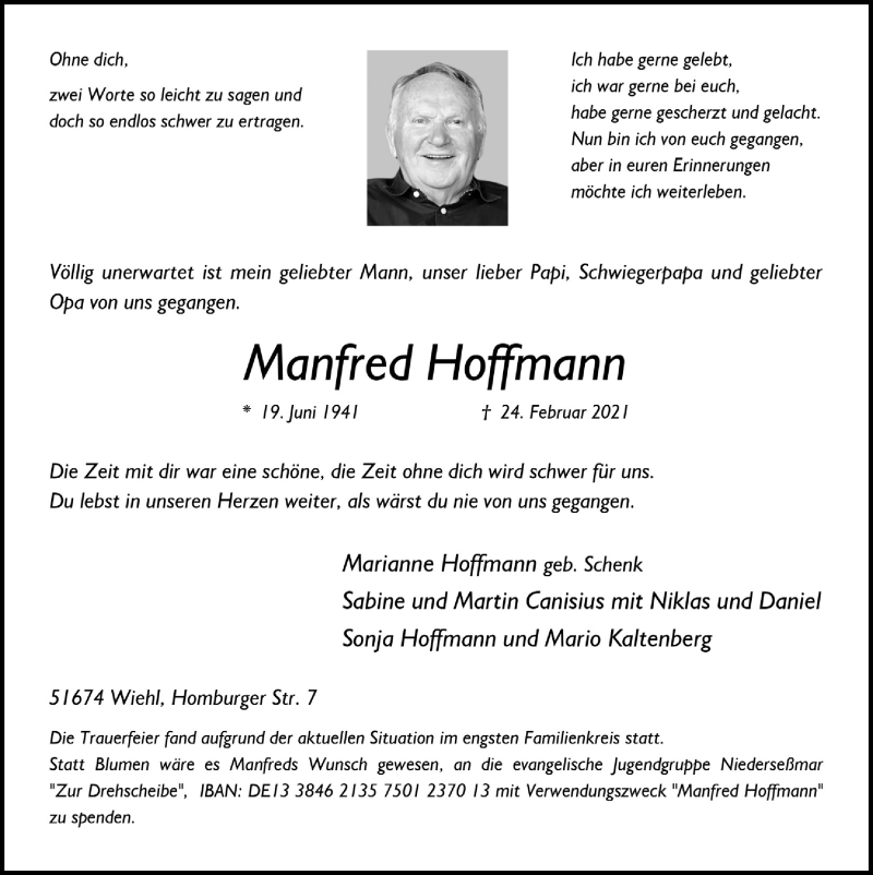  Traueranzeige für Manfred Hoffmann vom 05.03.2021 aus  Anzeigen Echo 