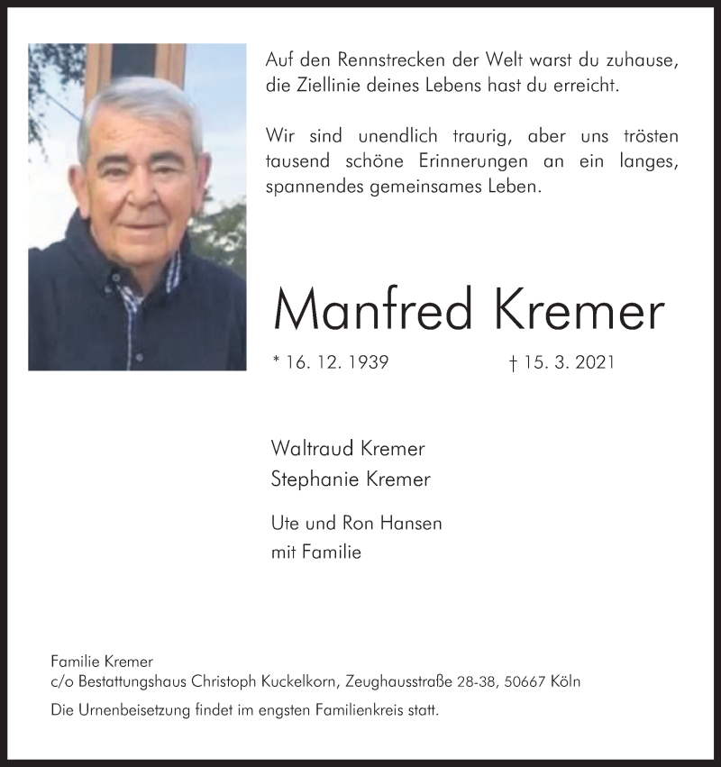  Traueranzeige für Manfred Kremer vom 20.03.2021 aus Kölner Stadt-Anzeiger / Kölnische Rundschau / Express