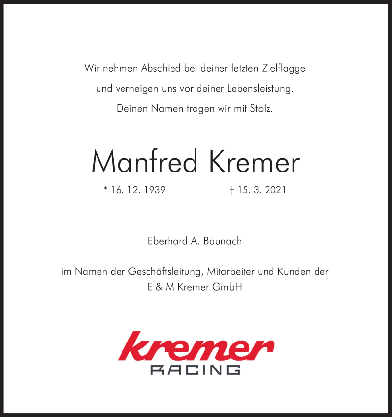  Traueranzeige für Manfred Kremer vom 20.03.2021 aus Kölner Stadt-Anzeiger / Kölnische Rundschau / Express