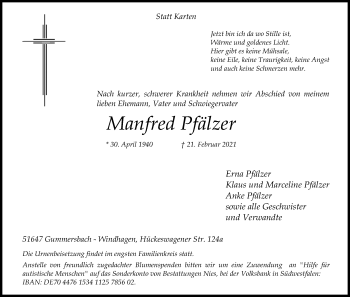 Anzeige von Manfred Pfälzer von Kölner Stadt-Anzeiger / Kölnische Rundschau / Express
