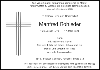 Anzeige von Manfred Rohleder von Kölner Stadt-Anzeiger / Kölnische Rundschau / Express