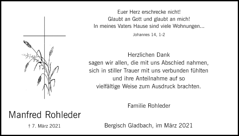  Traueranzeige für Manfred Rohleder vom 24.03.2021 aus Kölner Stadt-Anzeiger / Kölnische Rundschau / Express