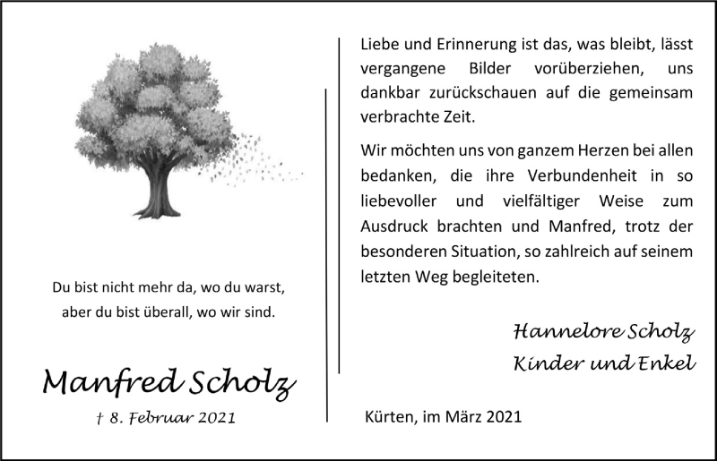  Traueranzeige für Manfred Scholz vom 05.03.2021 aus  Bergisches Handelsblatt 