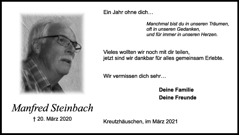  Traueranzeige für Manfred Steinbach vom 20.03.2021 aus Kölner Stadt-Anzeiger / Kölnische Rundschau / Express