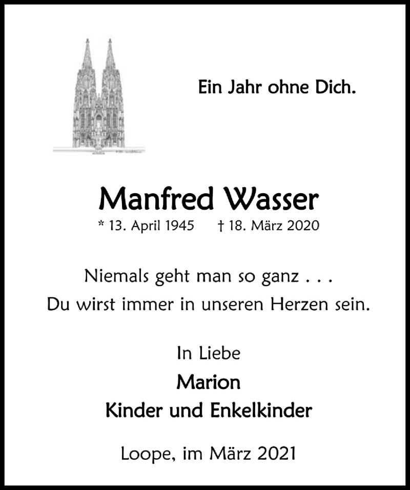  Traueranzeige für Manfred Wasser vom 19.03.2021 aus  Anzeigen Echo 