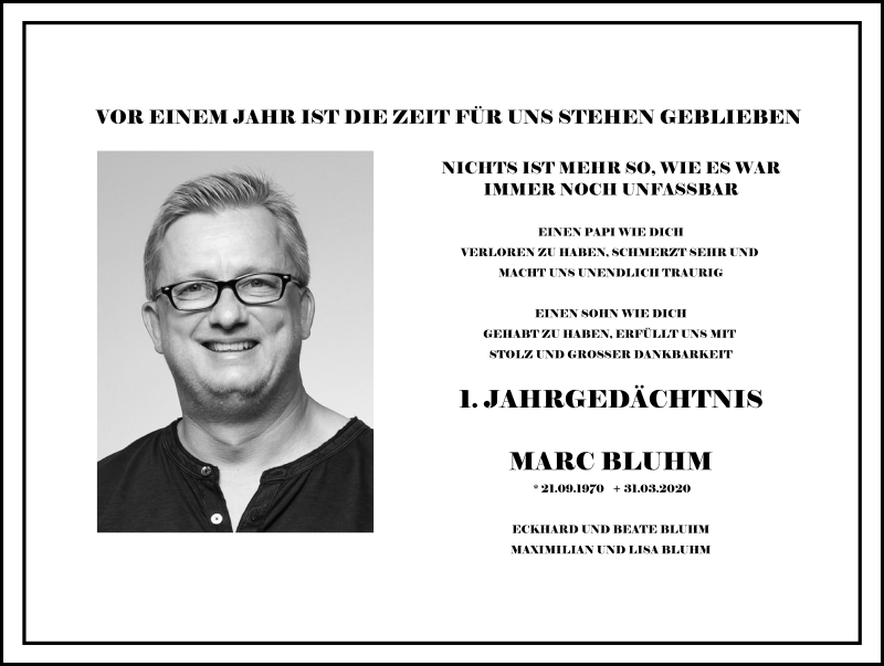  Traueranzeige für Marc Bluhm vom 27.03.2021 aus Kölner Stadt-Anzeiger / Kölnische Rundschau / Express