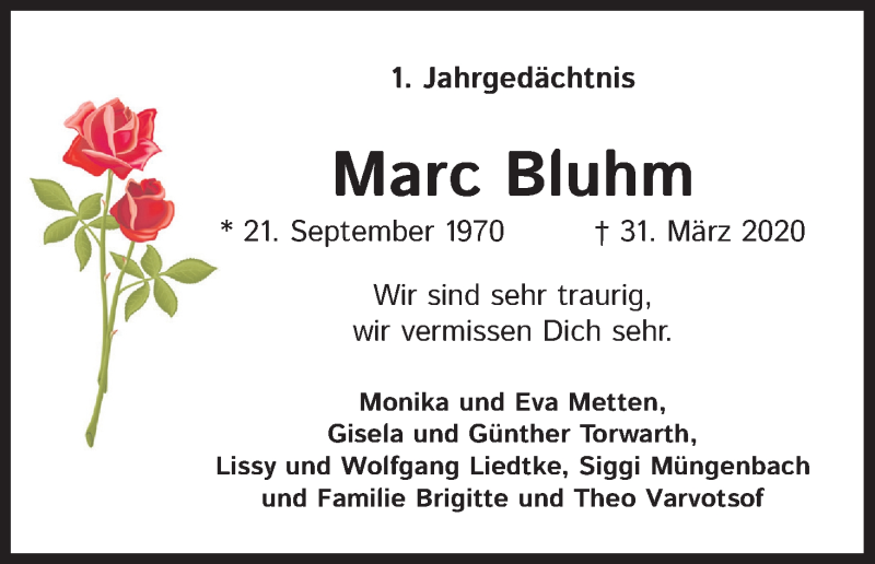  Traueranzeige für Marc Bluhm vom 31.03.2021 aus Kölner Stadt-Anzeiger / Kölnische Rundschau / Express