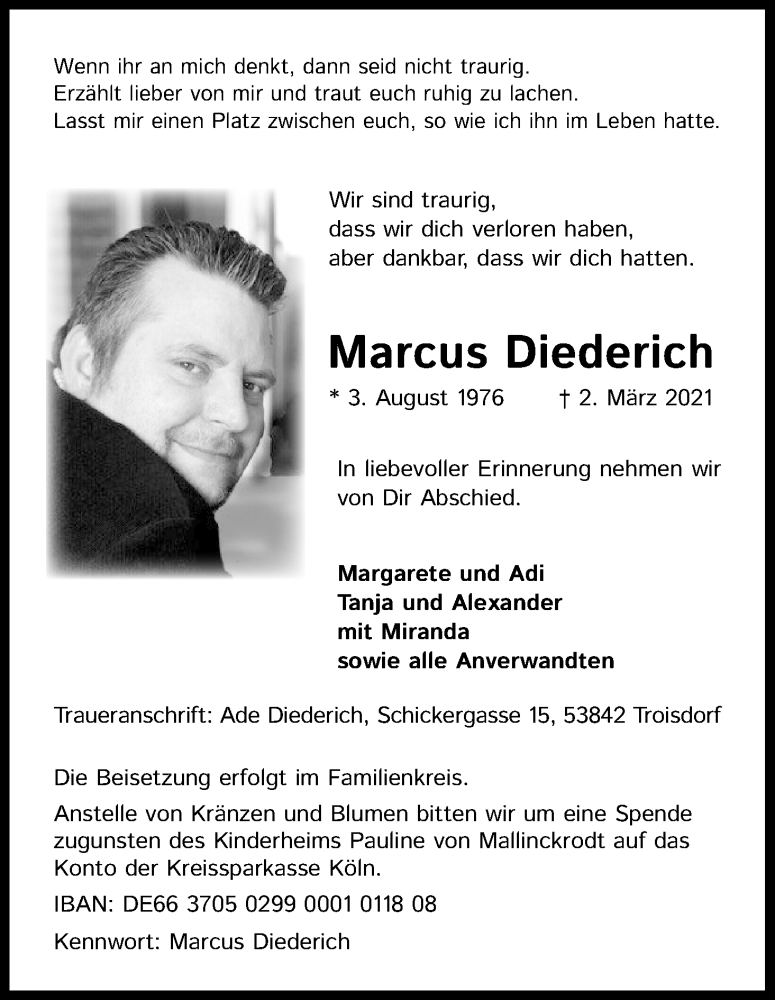  Traueranzeige für Marcus Diederich vom 06.03.2021 aus Kölner Stadt-Anzeiger / Kölnische Rundschau / Express