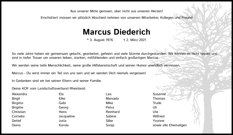  Traueranzeige für Marcus Diederich vom 06.03.2021 aus Kölner Stadt-Anzeiger / Kölnische Rundschau / Express