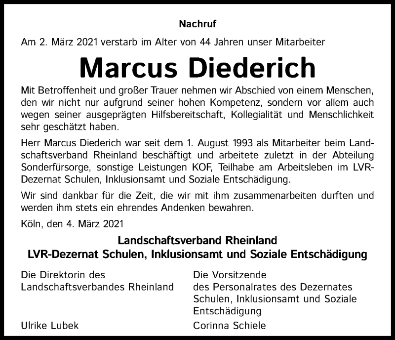  Traueranzeige für Marcus Diederich vom 06.03.2021 aus Kölner Stadt-Anzeiger / Kölnische Rundschau / Express