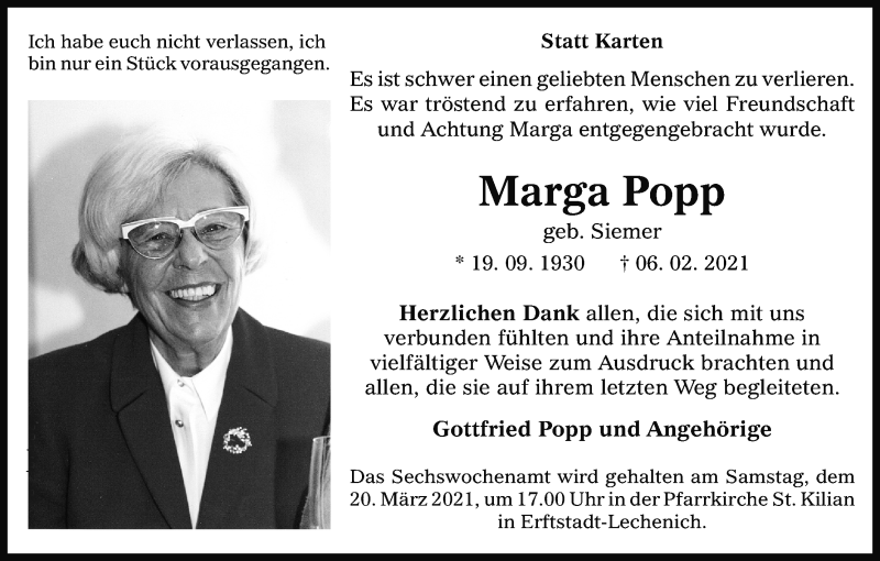  Traueranzeige für Marga Popp vom 13.03.2021 aus Kölner Stadt-Anzeiger / Kölnische Rundschau / Express