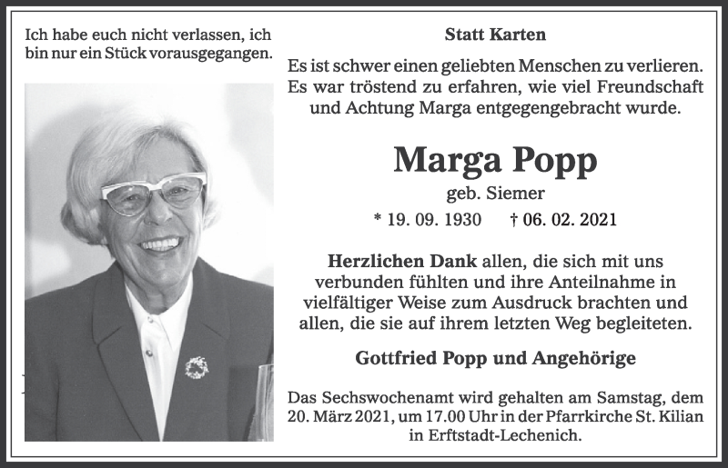  Traueranzeige für Marga Popp vom 05.03.2021 aus  Werbepost 