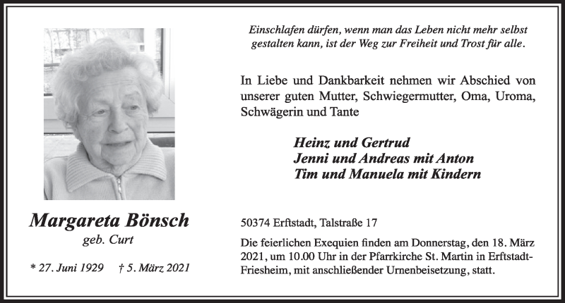  Traueranzeige für Margareta Bönsch vom 12.03.2021 aus  Werbepost 