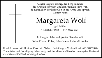 Anzeige von Margareta Wolf von Kölner Stadt-Anzeiger / Kölnische Rundschau / Express