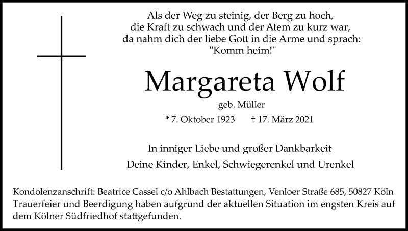  Traueranzeige für Margareta Wolf vom 27.03.2021 aus Kölner Stadt-Anzeiger / Kölnische Rundschau / Express