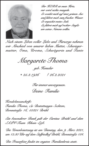 Anzeige von Margarete Thoma von  Schlossbote/Werbekurier 