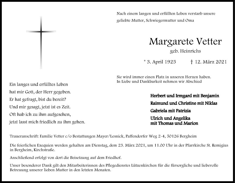  Traueranzeige für Margarete Vetter vom 20.03.2021 aus Kölner Stadt-Anzeiger / Kölnische Rundschau / Express