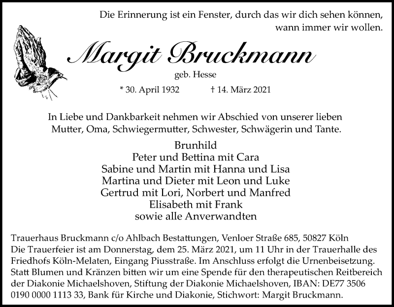  Traueranzeige für Margit Bruckmann vom 20.03.2021 aus Kölner Stadt-Anzeiger / Kölnische Rundschau / Express