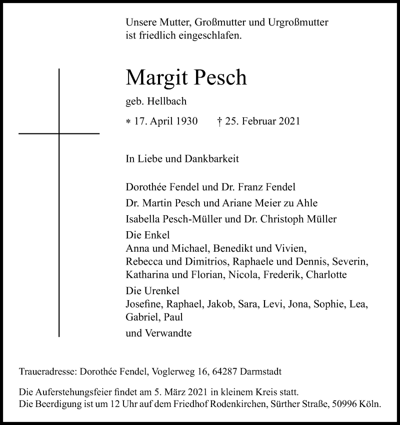  Traueranzeige für Margit Pesch vom 03.03.2021 aus Kölner Stadt-Anzeiger / Kölnische Rundschau / Express